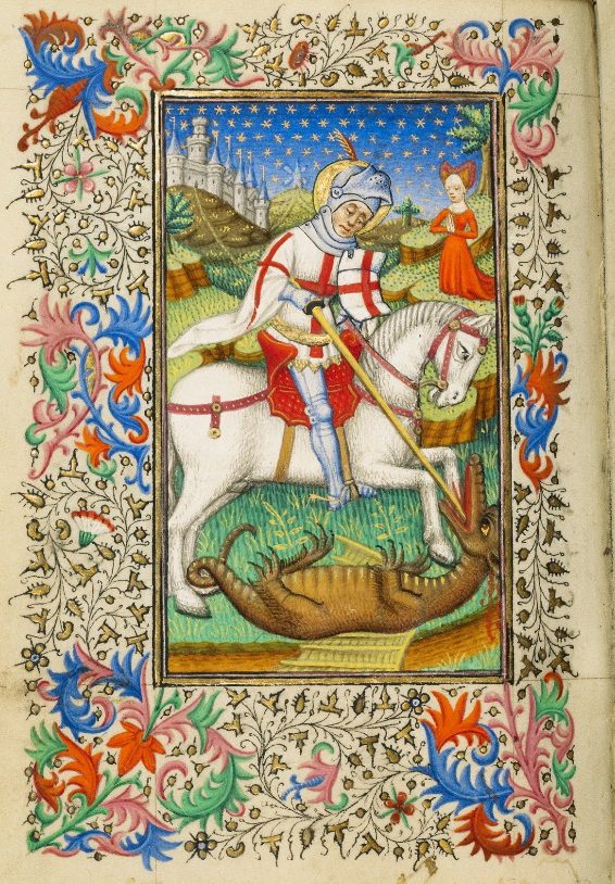 Painting showing a knight on a white horse slaying a dragon while a woman watches from afar. The painting is framed in a complex pattern of colorful foliage.