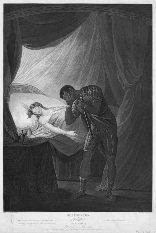 Engraving depicting Othello holding a dagger and crying at Desdemona's bedside.