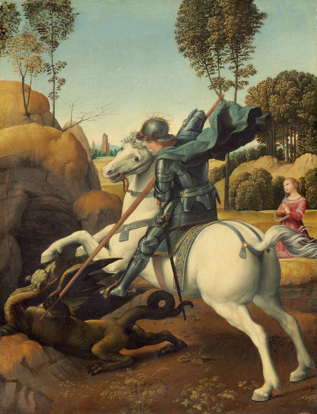 A saint dressed in armor riding on a white horse slays a dragon. A woman prays in the background.