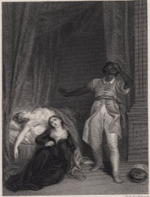 Engraving depicting Othello turning away from a dead Desdemona. Emilia sits beside Desdemona and looks at Othello.