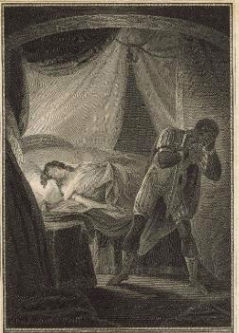 Engraving of Othello turning away from Desdemona's bedside.