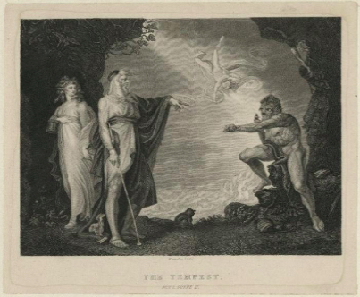 Engraving from "The Tempest" showing Prospero pointing at Caliban. Miranda stands beside Prospero and Ariel floats in the background.