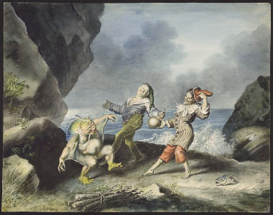 Watercolor from "The Tempest" showing two men dancing with an animal-like man with yellow feet and webbed arms.
