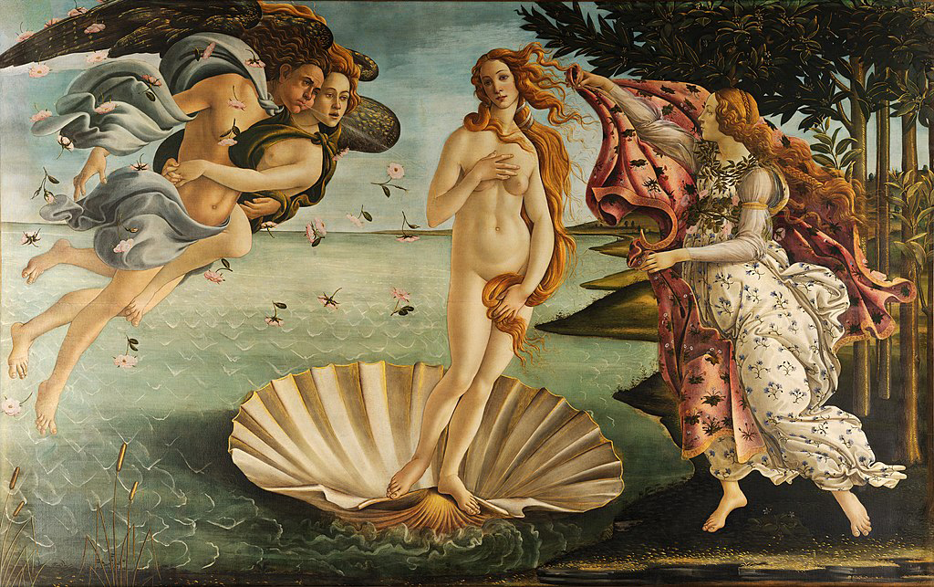 Painting depicting Venus standing on a seashell, emerging from the ocean. Two figures are on either side of her blowing a gentle breeze and scattering flowers.