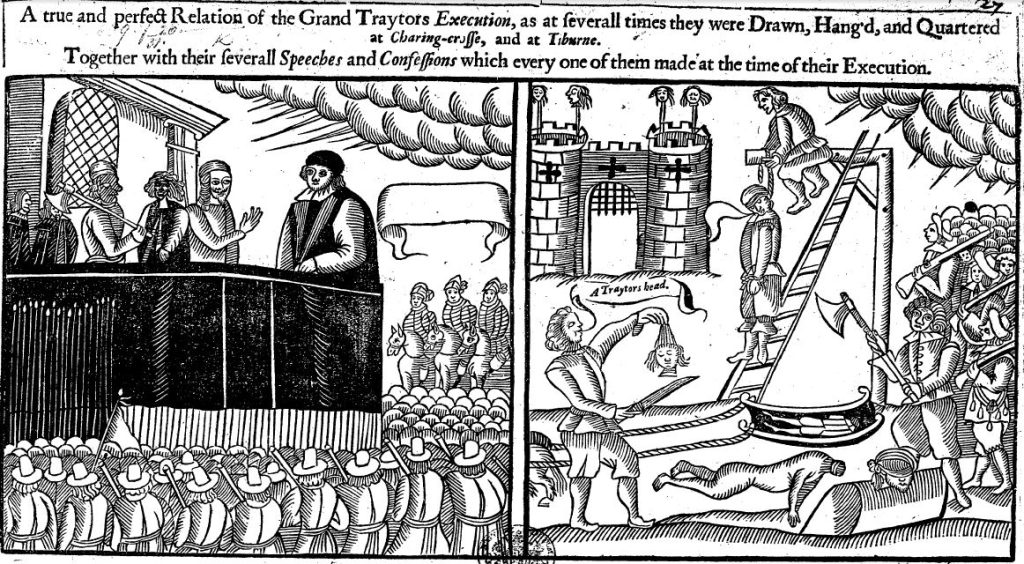 Two men in a balcony speak while, in another panel, a man is hanged and decapitated.