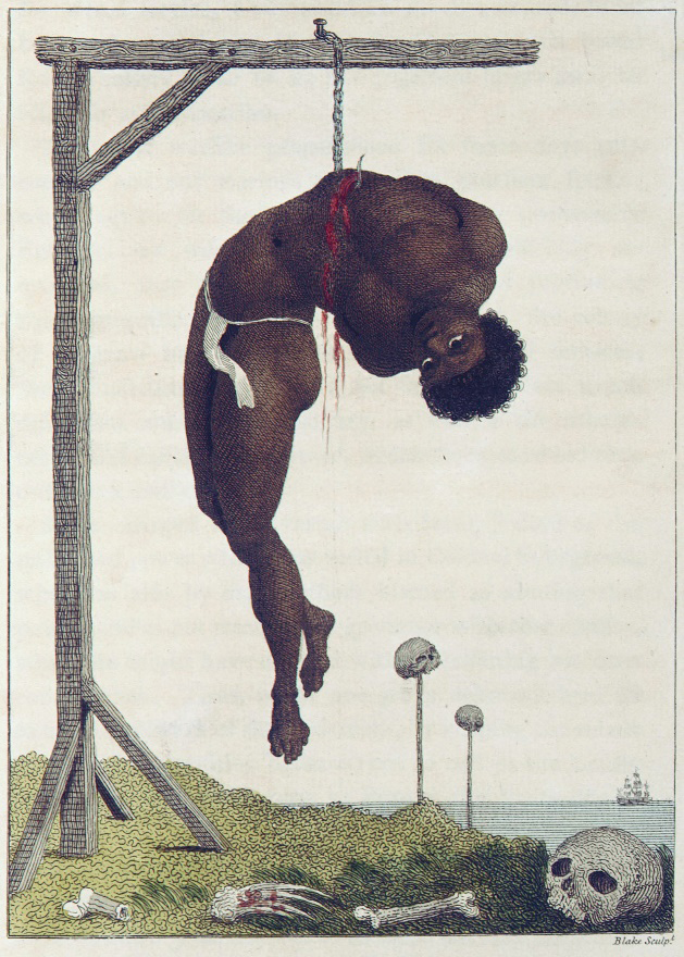 A Black man hangs by the ribs while he bleeds out. Bones litter the ground and skulls are balanced on sticks.