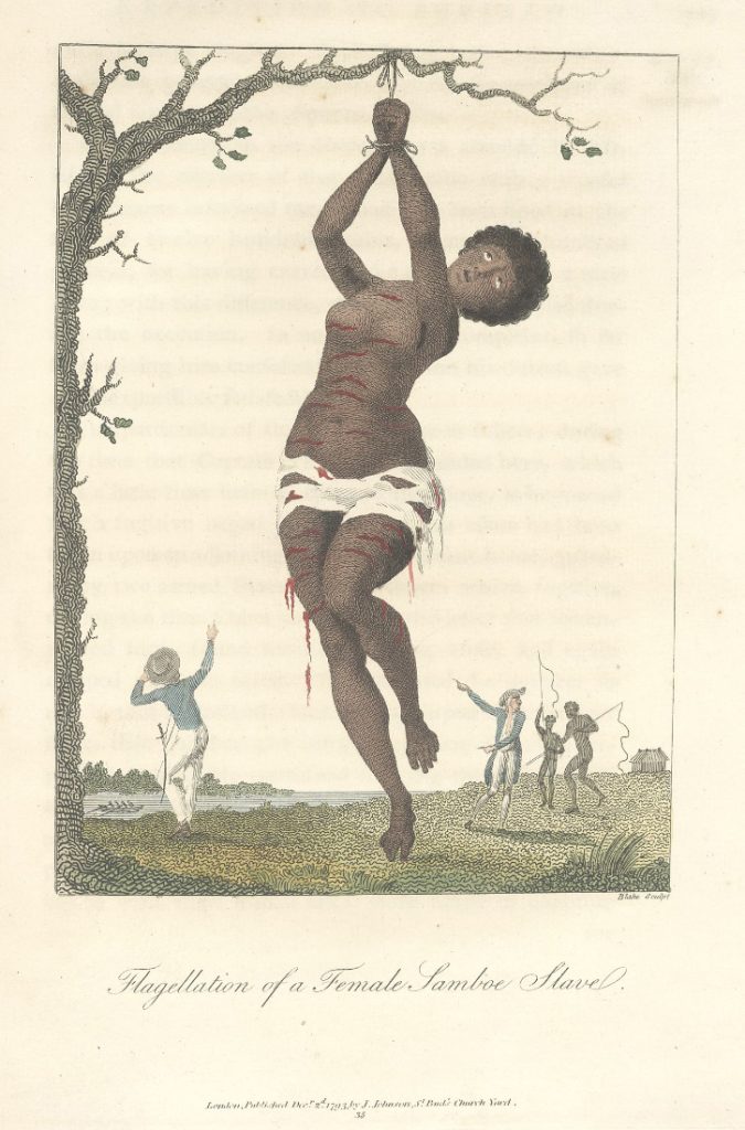 A mostly-nude Black woman hangs from a tree while four white men watch and point from afar.