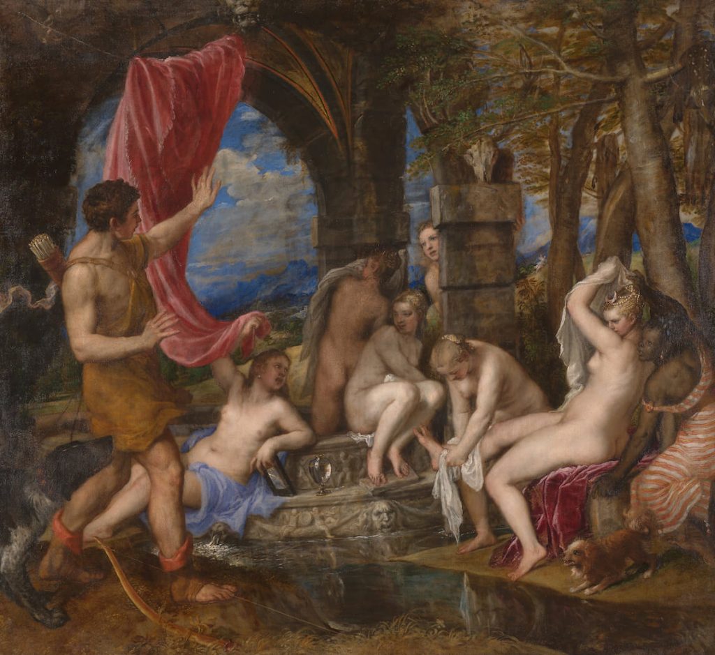 Painting of a man walking up to six bathing women. The women on the far right is bathing with the help of a Black woman.