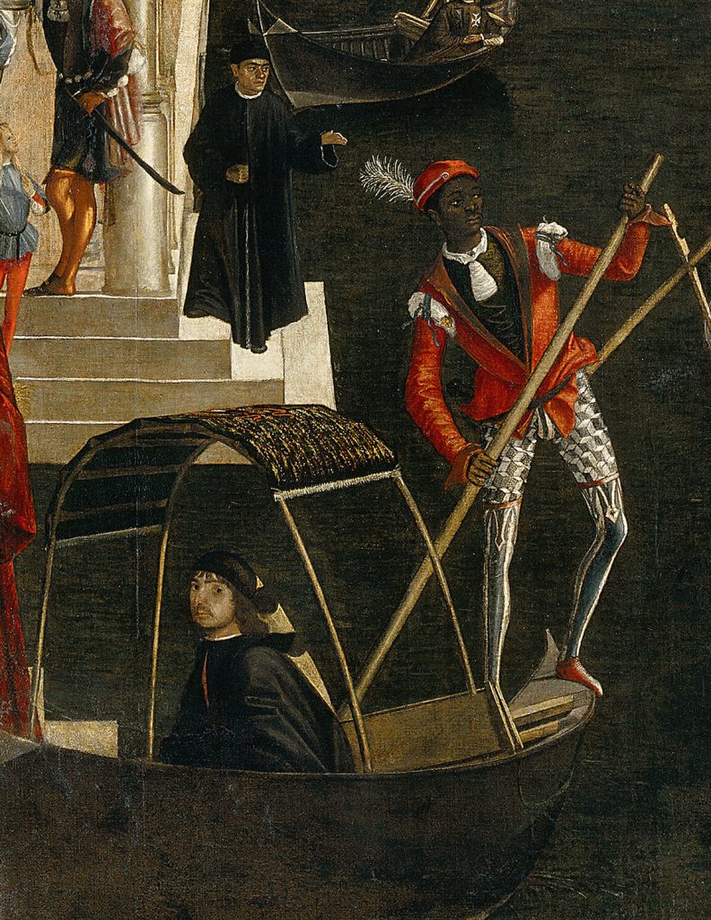 Painting showing a Black man pushing a gondola while a white man sits inside.