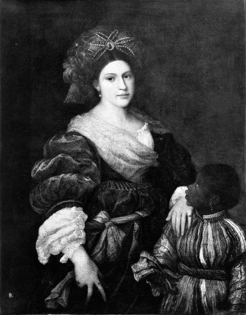 Painting of a white woman and a Black boy. Both woman and child are dressed in elaborate fine clothing.