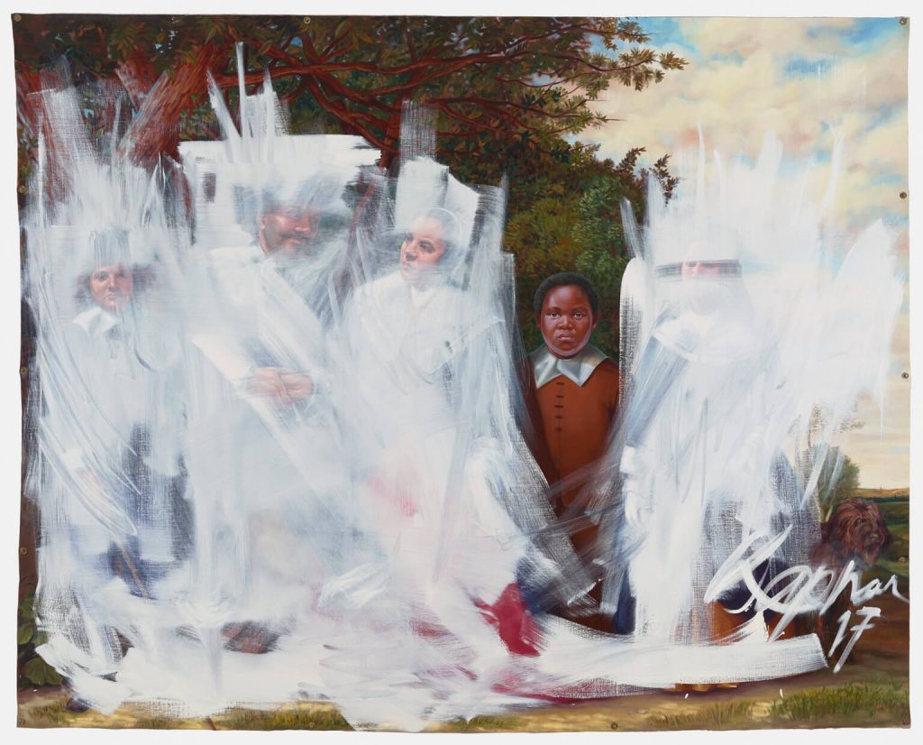 Painting showing a Black boy standing beside four white men and women. White messy brush strokes cover the bodies and faces of everyone but the boy.