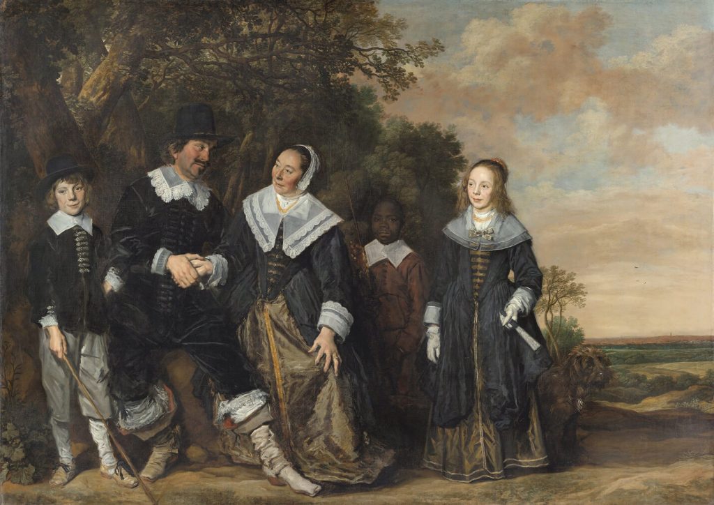 Painting of a colonial family of four. A Black boy stands behind the family, obscured in the shadows.