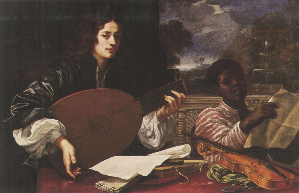 Painting showing a white man playing the lute. Beside him, a Black boy holds sheet music and sings.