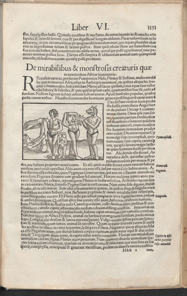 Page from the "Cosmographiae Universalis". A woodcut on the page shows the figures of five men, each with exaggerated, animalistic, or missing body parts.