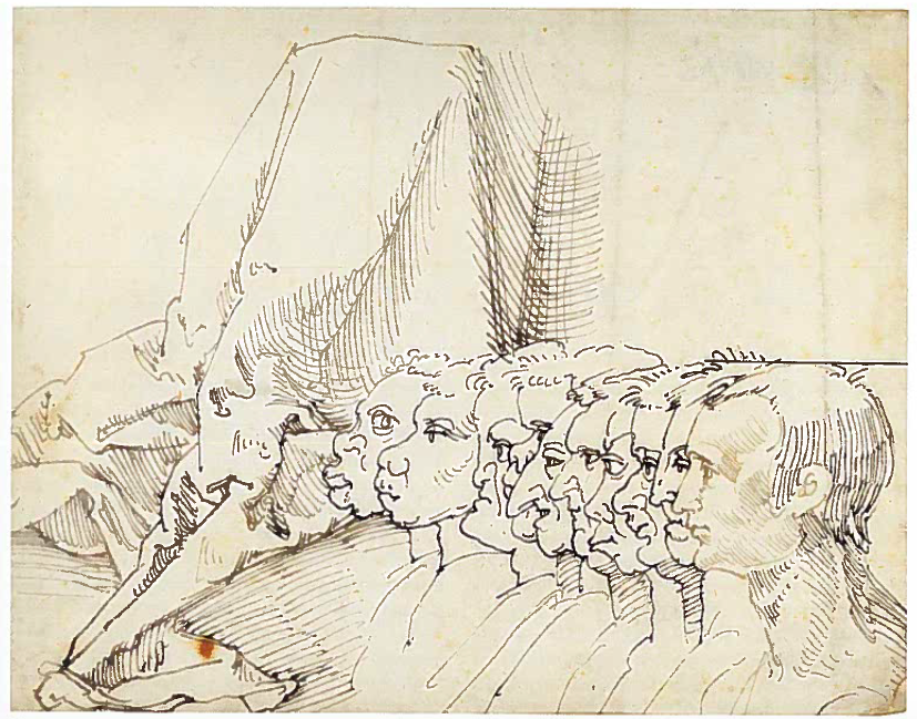 Sketch showing the heads of ten men side by side. The man on the far right has a very symmetrical face while the men to his left are drawn with exaggerated facial features.