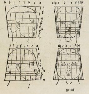 Sketches of two faces at different angles. A grid is superimposed on each face.
