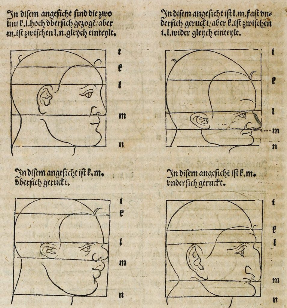 Sketches of four faces, each with a box with horizontal lines drawn over them.