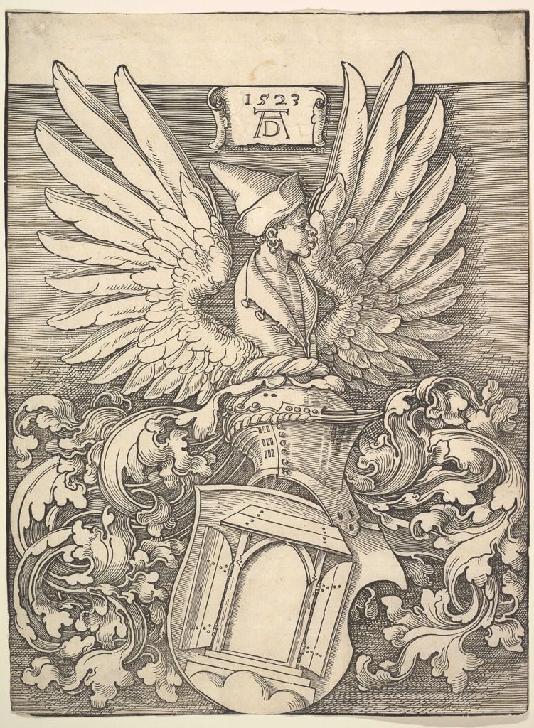 Coat of arms featuring a Black man with wings surrounded by foliage.