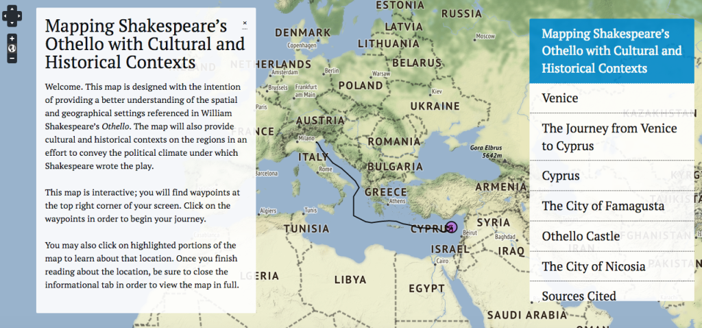 Map showing Othello's journey from Venice to Cyprus.