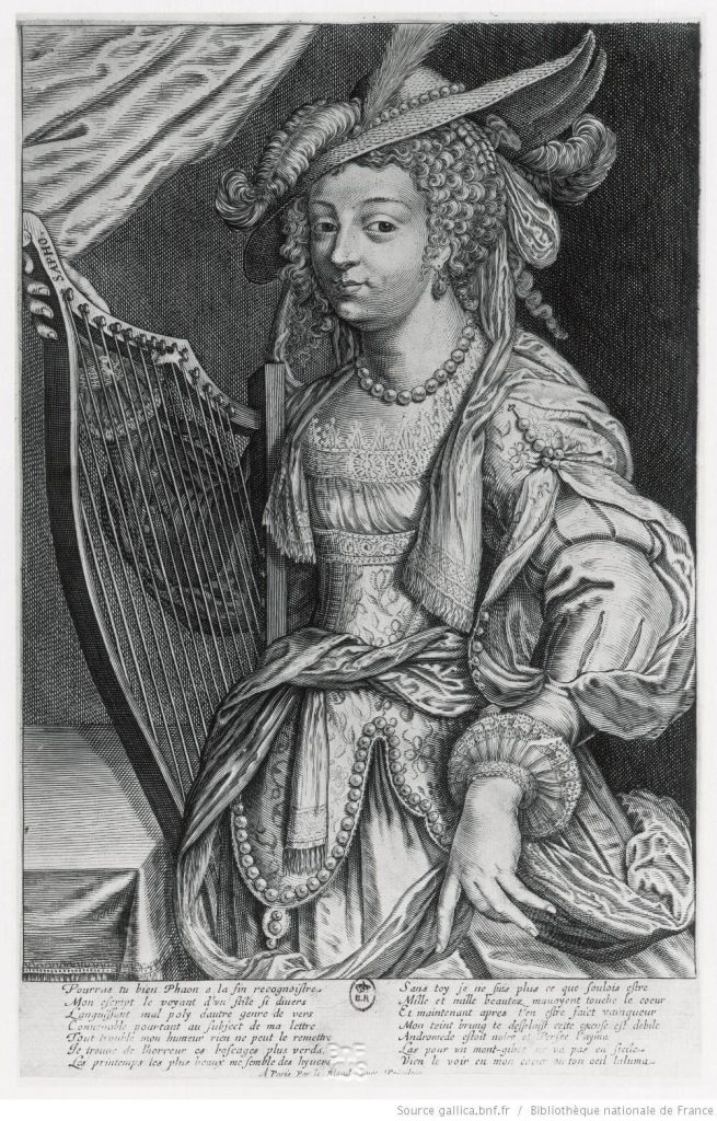 An engraving of Black Sappho holding a lute. She is dressed in fine 17th century clothing including an intricate hat and a string of pearls.