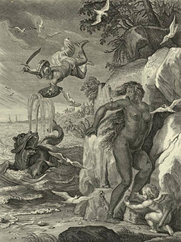 Engraving showing Perseus' rescue of Andromeda. Andromeda is depicted as a Black woman in chains, who is untied by an angel while Perseus slays a sea creature.