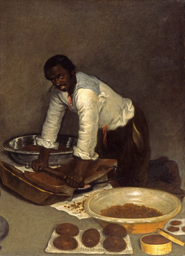 Painting of a Black man rolling out dough.