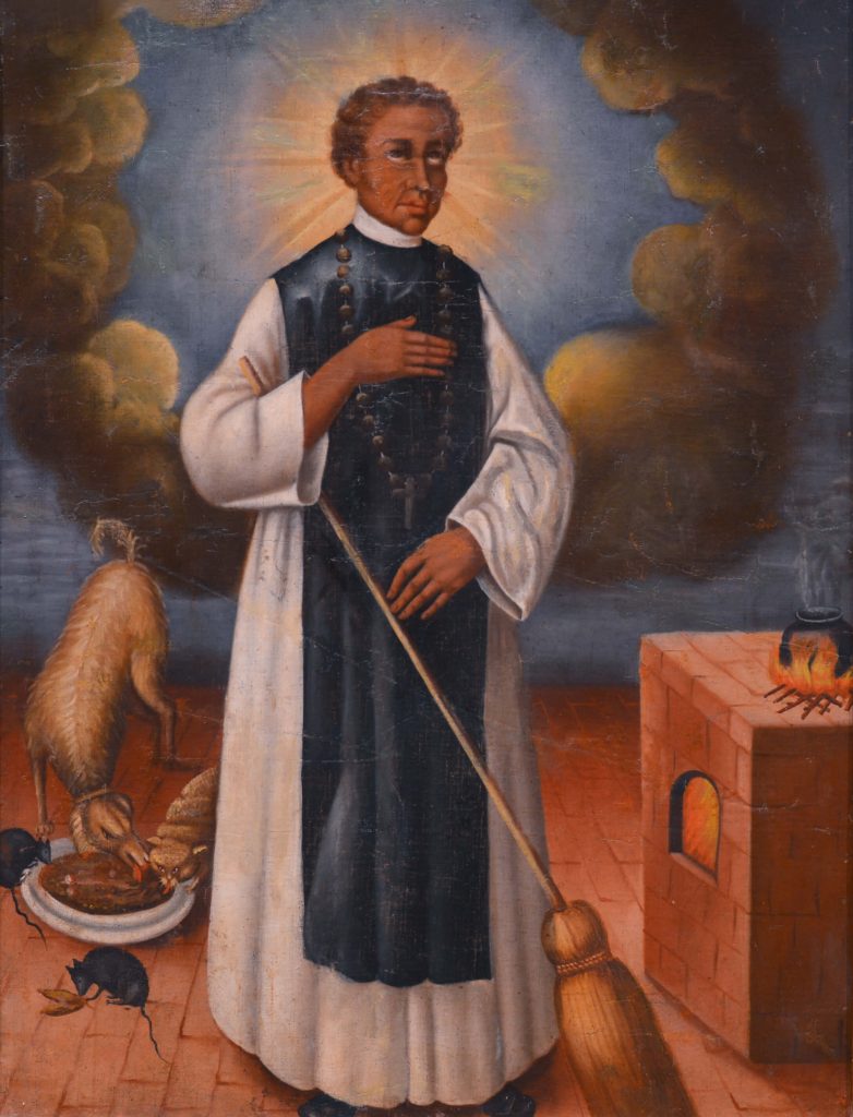 Painting of a saint holding a broom. Behind him a dog, cat, and a rat eat food on the floor.