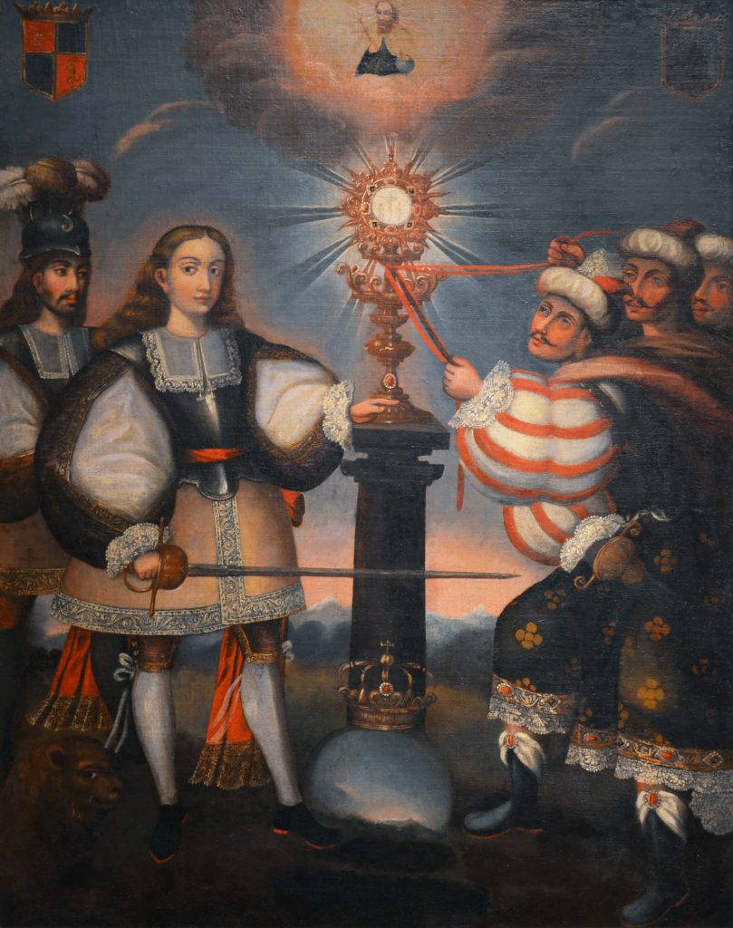 Oil painting depicting white men defending the Eucharist from a group of Turks.