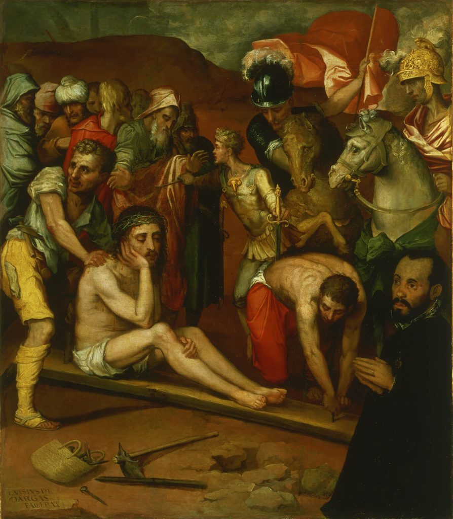 Painting depicting the preparations for Jesus' crucifixion. Jesus sits on a plank of wood while men crowd around him.