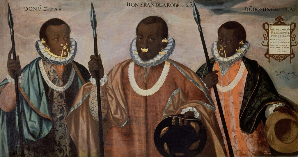 Group portrait of Francisco de Arobe and his two sons, Pedro and Domingo. They are painted holding lances and are dressed in intricate clothing and jewelry.