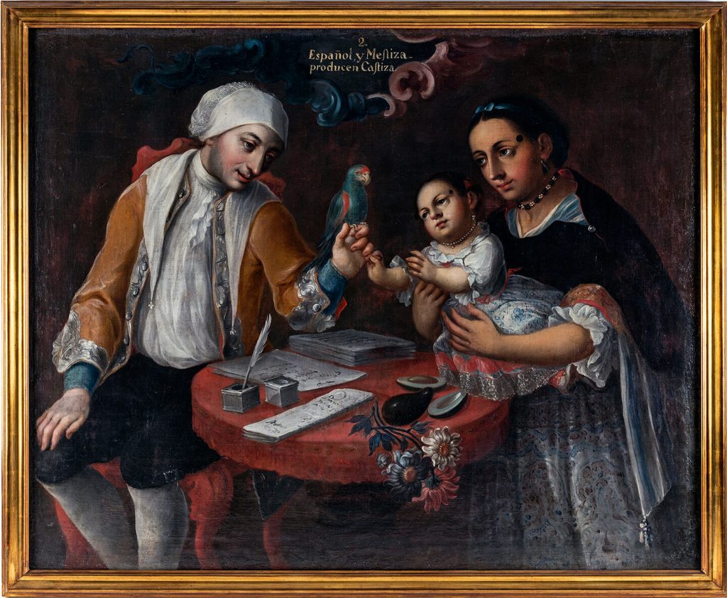 Painting showing a white man holding a parrot up to a woman of darker complexion and her baby.