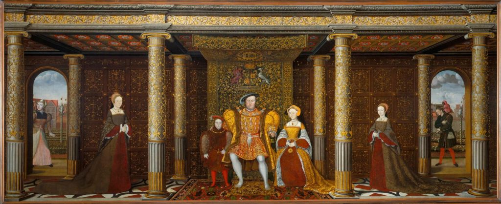Painting of Henry VIII and his family. The family stands in a long mostly-golden room while two peasants can be seen through two open doors.