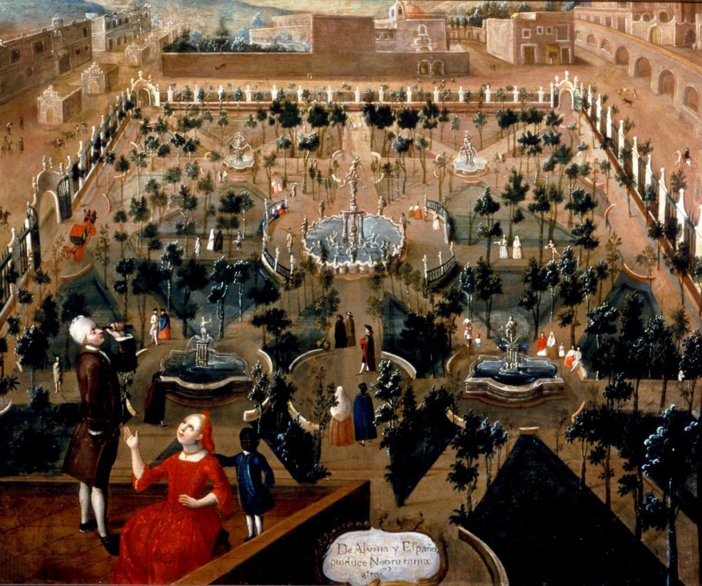 Painting of a garden. On the lower left, a couple on a balcony is accompanied by a Black boy.