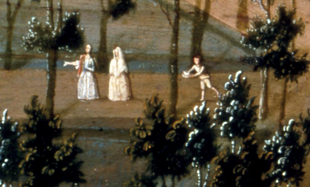 Close up of a painting with a focus on two women walking in a garden. A child runs behind them.