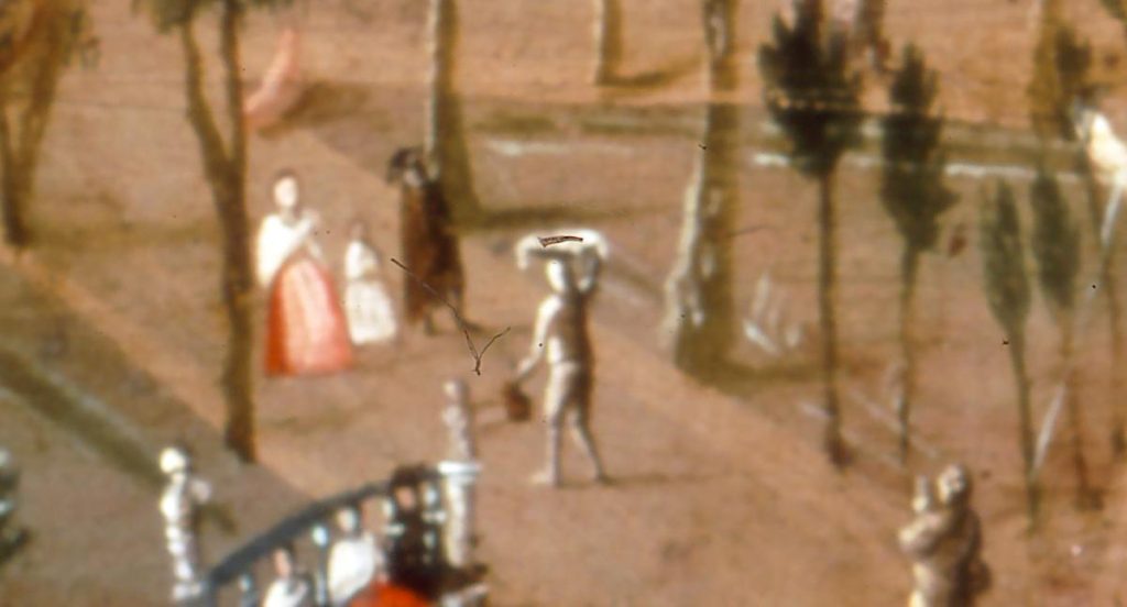 Close up of a painting of five people walking down a road.