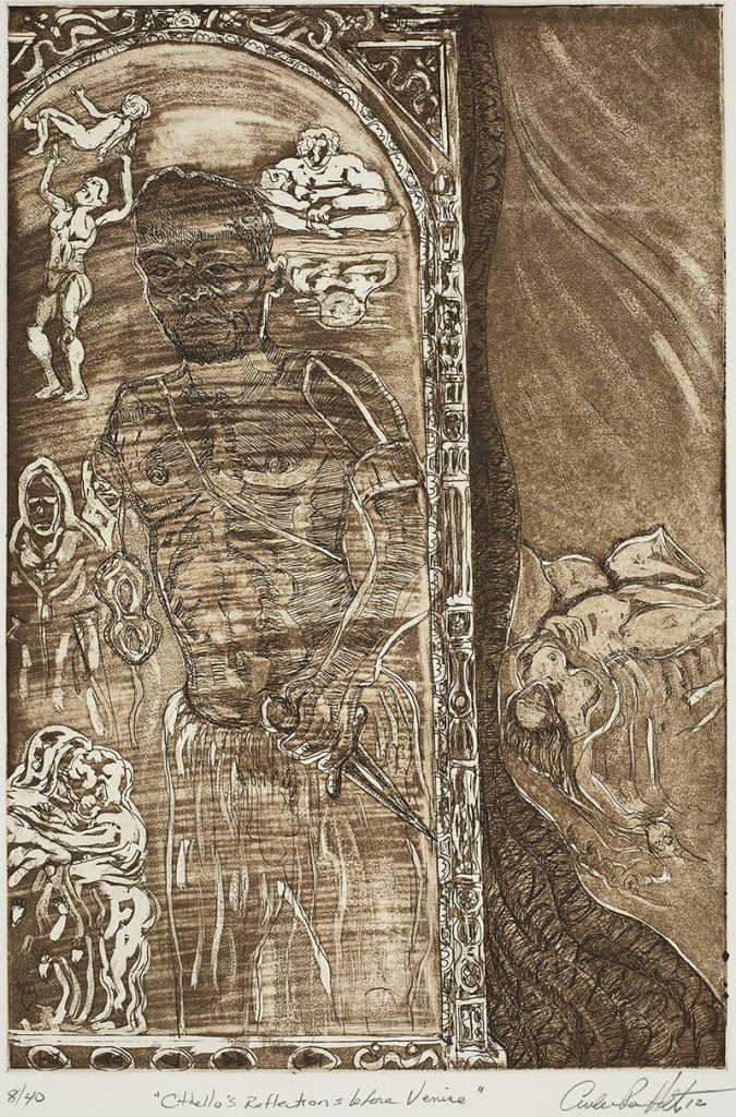 Sketch of Othello holding a dagger. Smaller figures surround Othello and the image of Desdemona's dead body can be seen on the right.