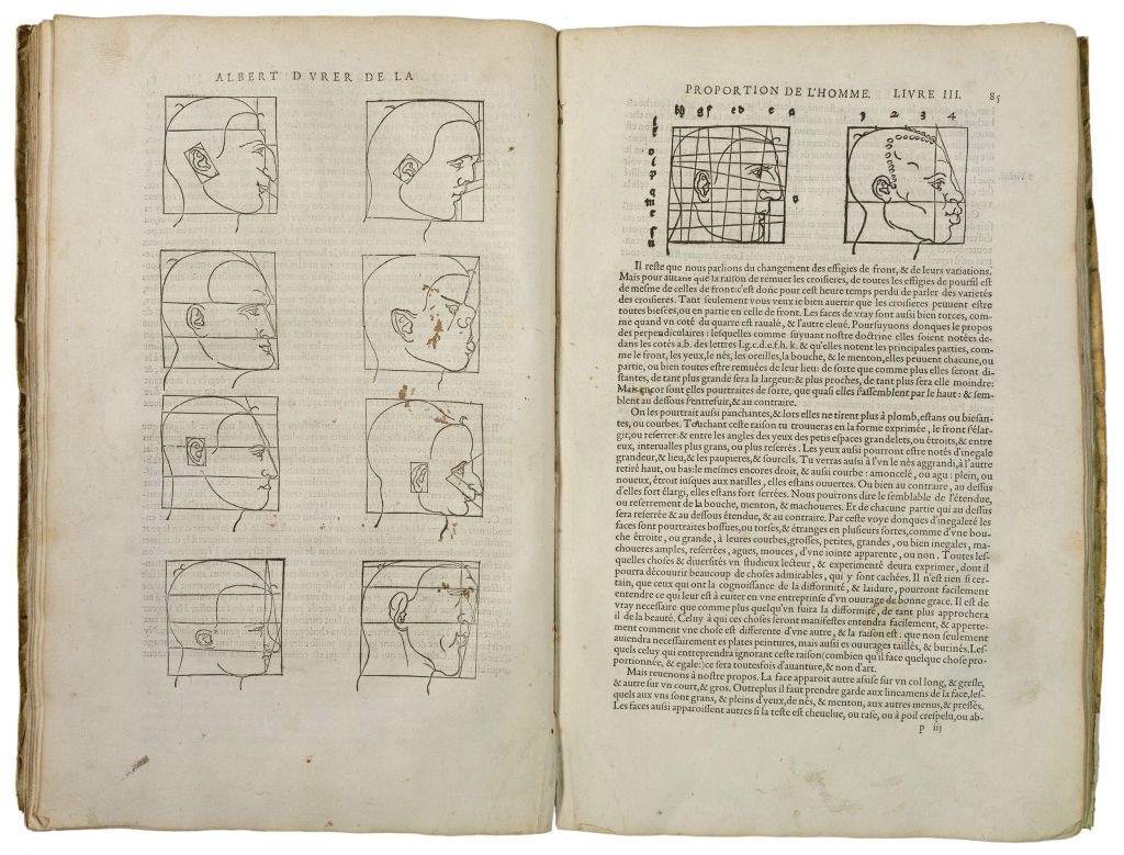 Durer's sketched profiles and diagrams detailing the facial proportions of various men.