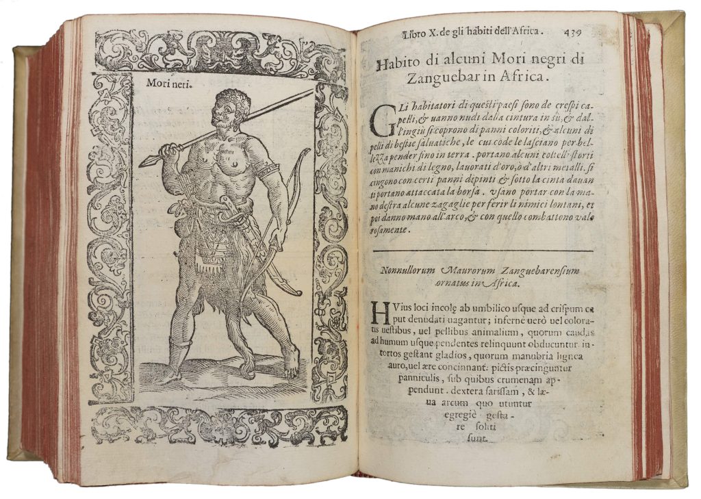 Book open to a woodcut of a man holding a bow and arrow. The word "Morineri" is printed beside him.