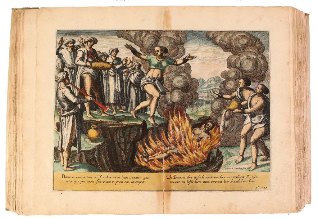 Colorful engraving depicting a ceremony in which a woman prepares to jump into her husband's funeral pyre.