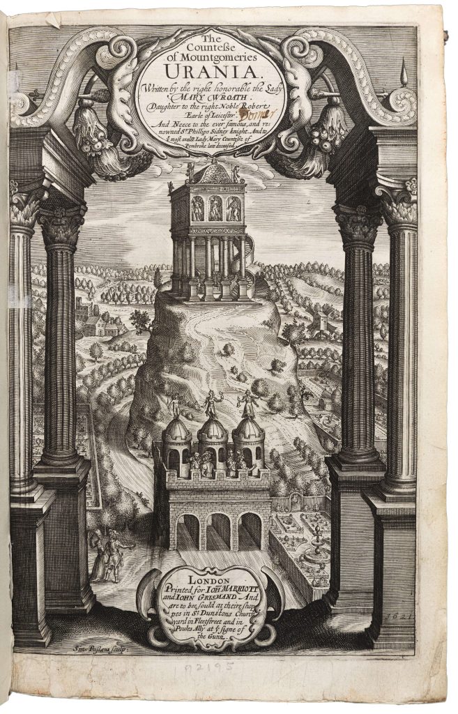 Cover page of "The Countess of Montgomeries Urania" depicting an intricate landscape framed by Corinthian columns.