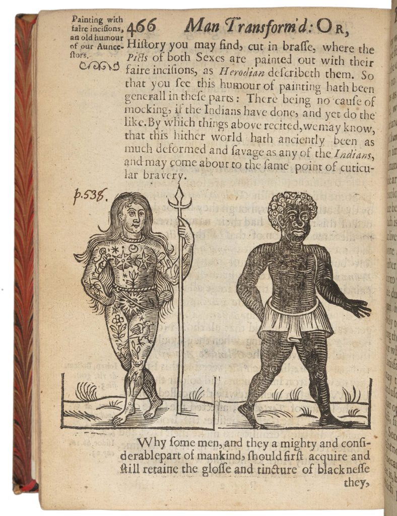 Excerpt from a book depicting a naked long-haired man holding a spear next to a Black man dressed in a loincloth.