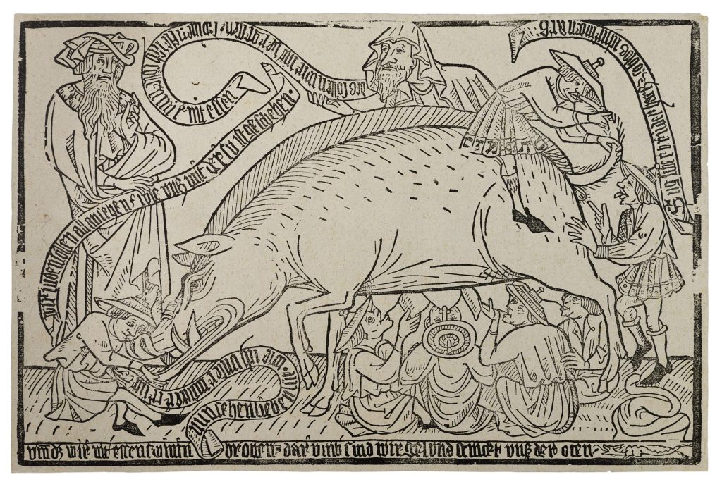 Woodcut depicting a female pig surrounded by men who mount, stroke, suckle from her.