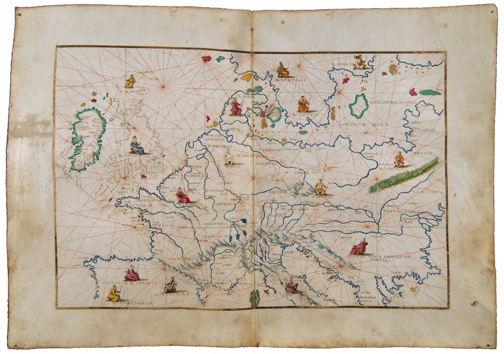 16th century atlas with added depictions of people from different regions.