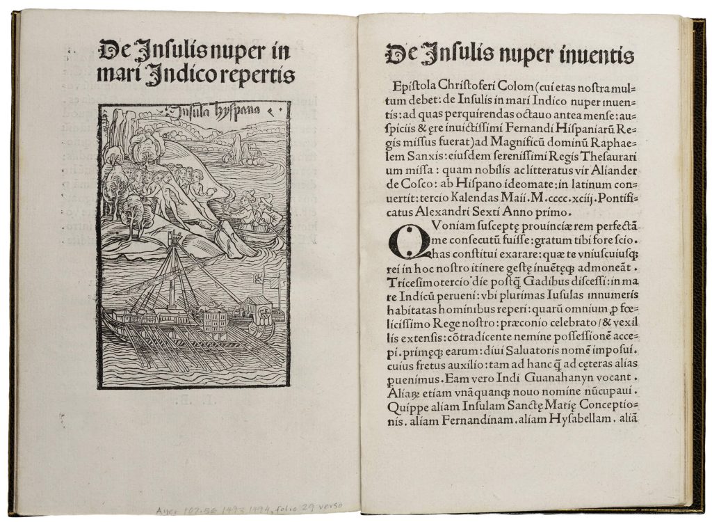 Book open to a woodcut showing the arrival of Christopher Columbus in America.