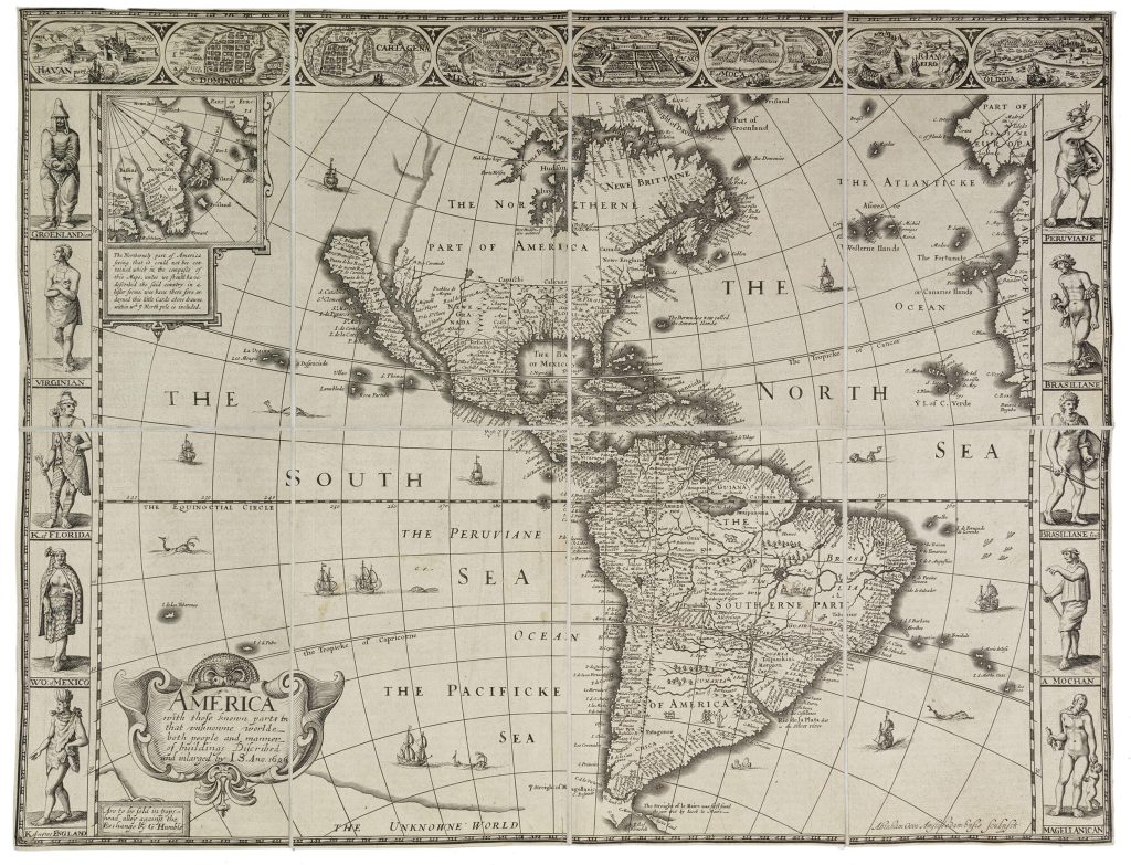 Map of North and South America framed by two large panels with images of Indigenous peoples.