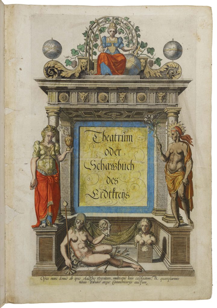 Title page for the book "Theatrum oder Schawbüch des Erdtkreijs" framed by four people representing Europe, Asia, Africa, and America.