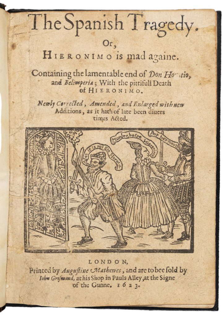 Title page of the play, "The Spanish tragedy, or Hieronimo is Mad Againe". A woodcut below the title shows a mad man holding a sword and spear, while a woman brings another man in to help.