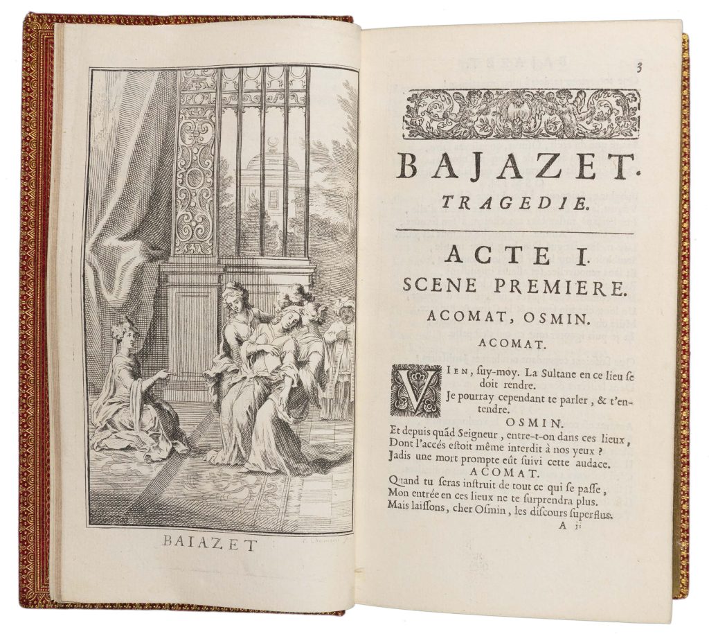 Book open to act one of the play "Bajazet". A woodcut on the left page shows a woman in the arms of two other women while a man and another woman observe the spectacle.