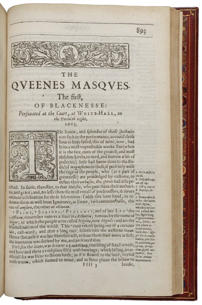 Book open to title page of the "Masque of Blacknesse".