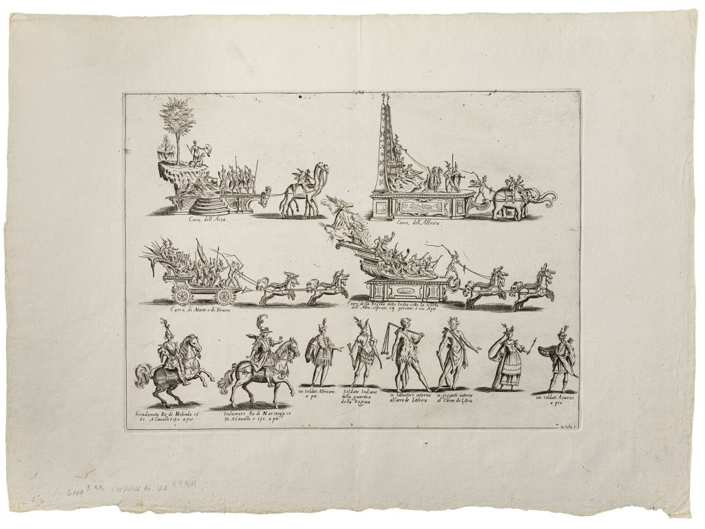 Etching depicting displays of battle carriages drawn by camels, horses, and elephants. Men riding horses and people in battle gear are also on display.